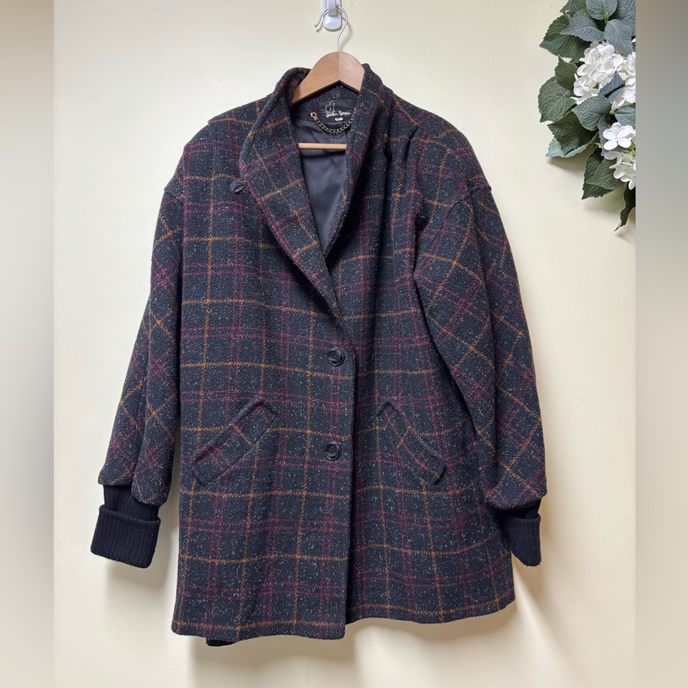 Vintage Jonathan Stevens Black Plaid Designer Wool Blend Fully Lined Coat Large
